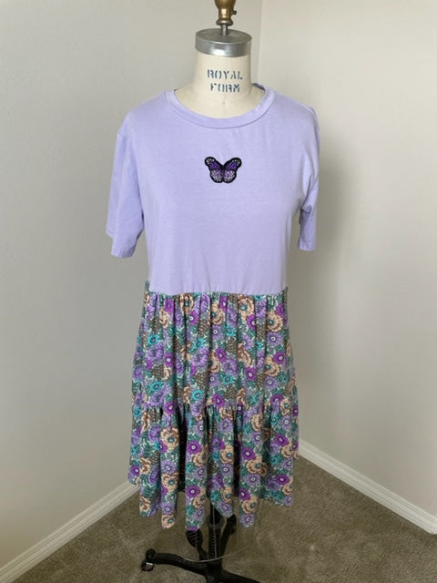 Upcycled Tee Dress - Embroidered Butterfly/Purple Floral