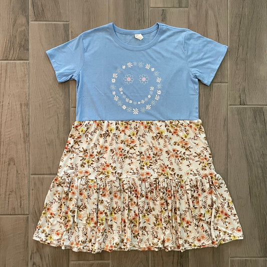Upcycled Tee Dress - Happy Face Blue/White